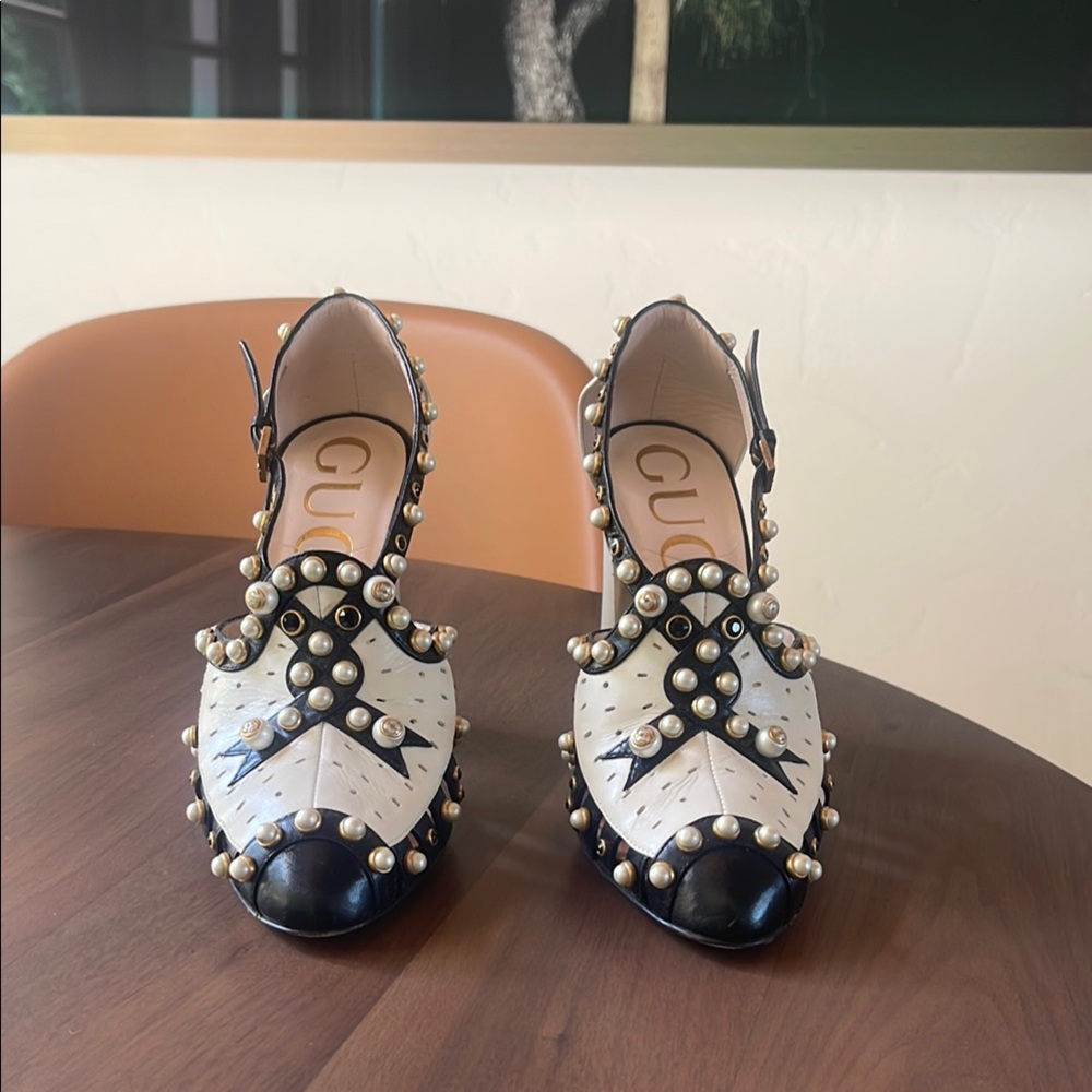Gucci Black and White Strappy Heels